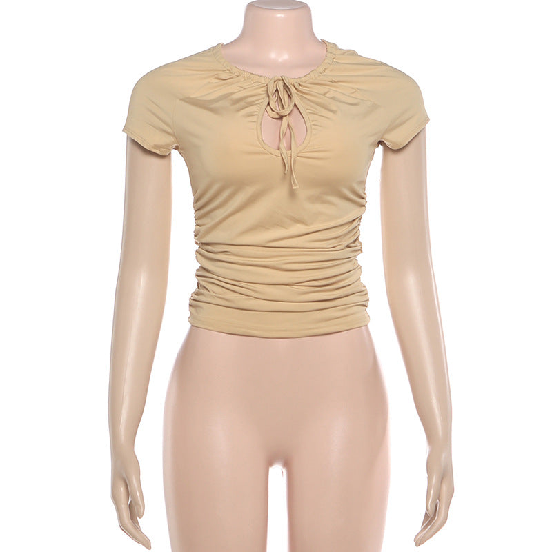 Keyhole Cutout Tie-Front Ruched Top