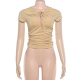 Keyhole Cutout Tie-Front Ruched Top