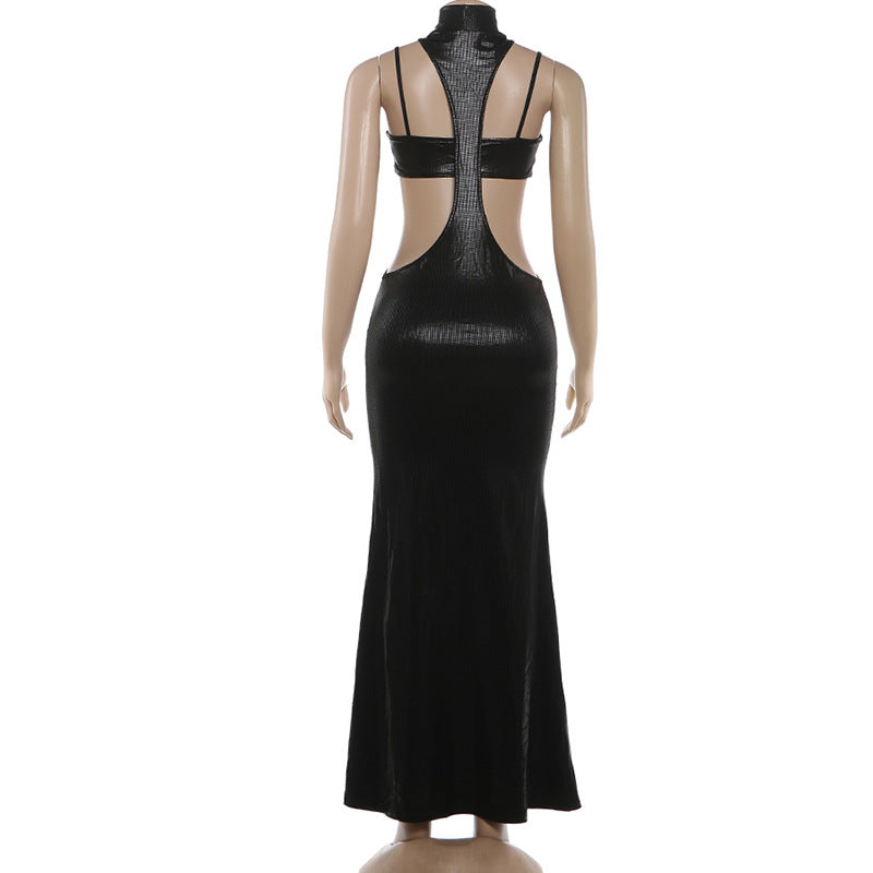 Glam Shimmering Halter Neck Cutout Maxi Dress