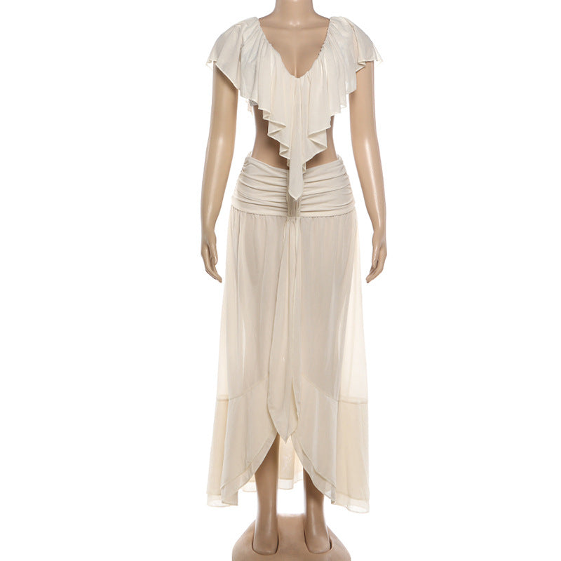 Ivory Flutter Ruffle Tiered High-Low Set