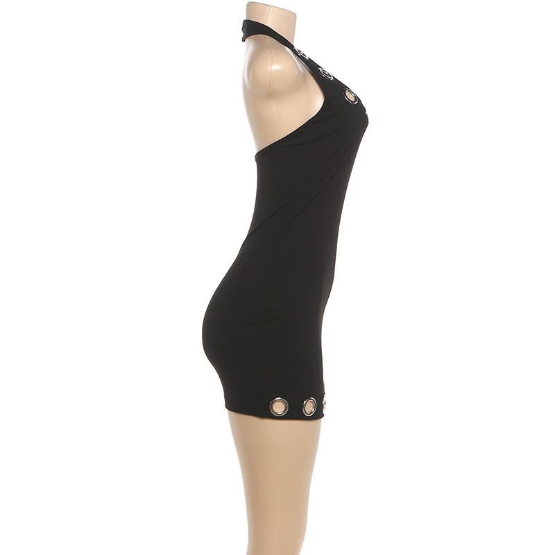Edgy Burgundy Grommet Halter Mini Dress