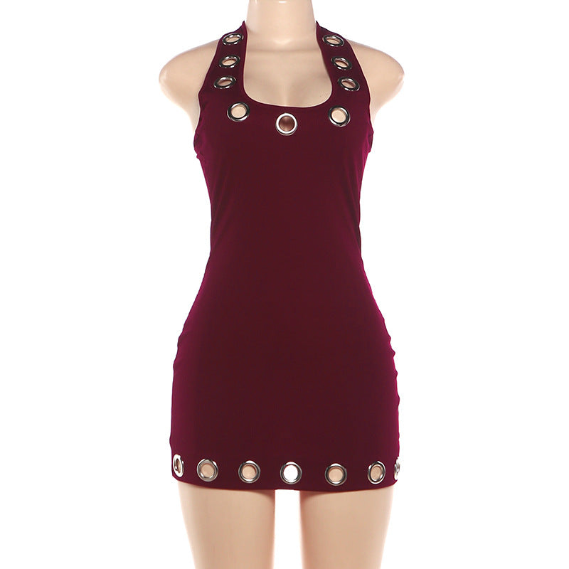 Edgy Burgundy Grommet Halter Mini Dress