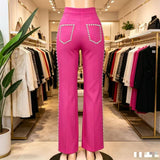 Pearl Trim High-Waisted Pink Trouser Pants