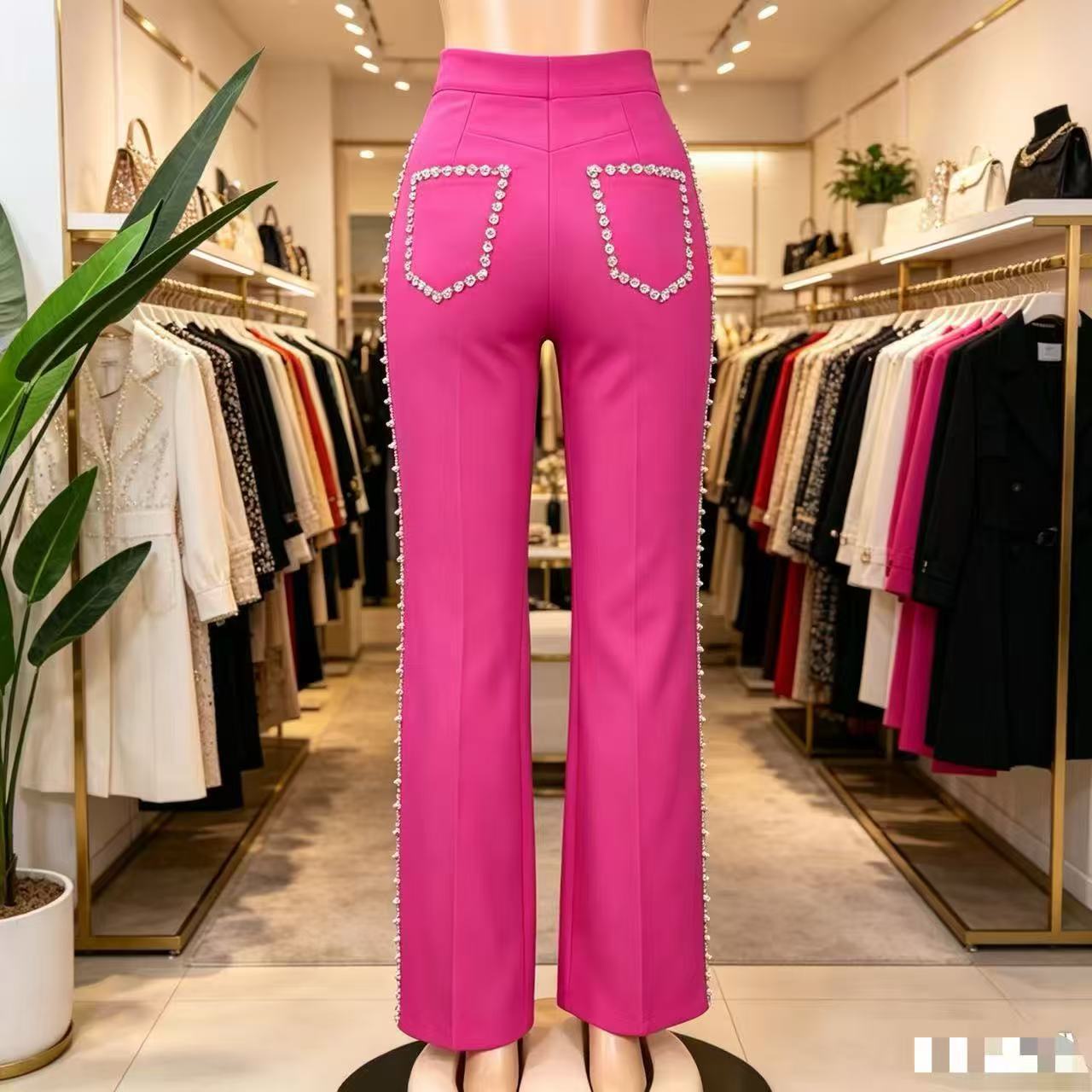 Pearl Trim High-Waisted Pink Trouser Pants