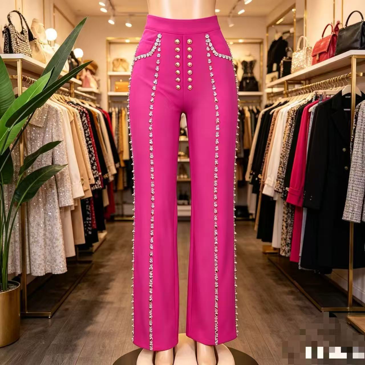 Pearl Trim High-Waisted Pink Trouser Pants