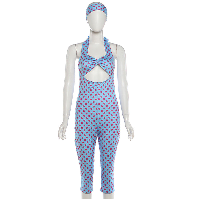 Retro Polka Dot Cutout Halter Jumpsuit