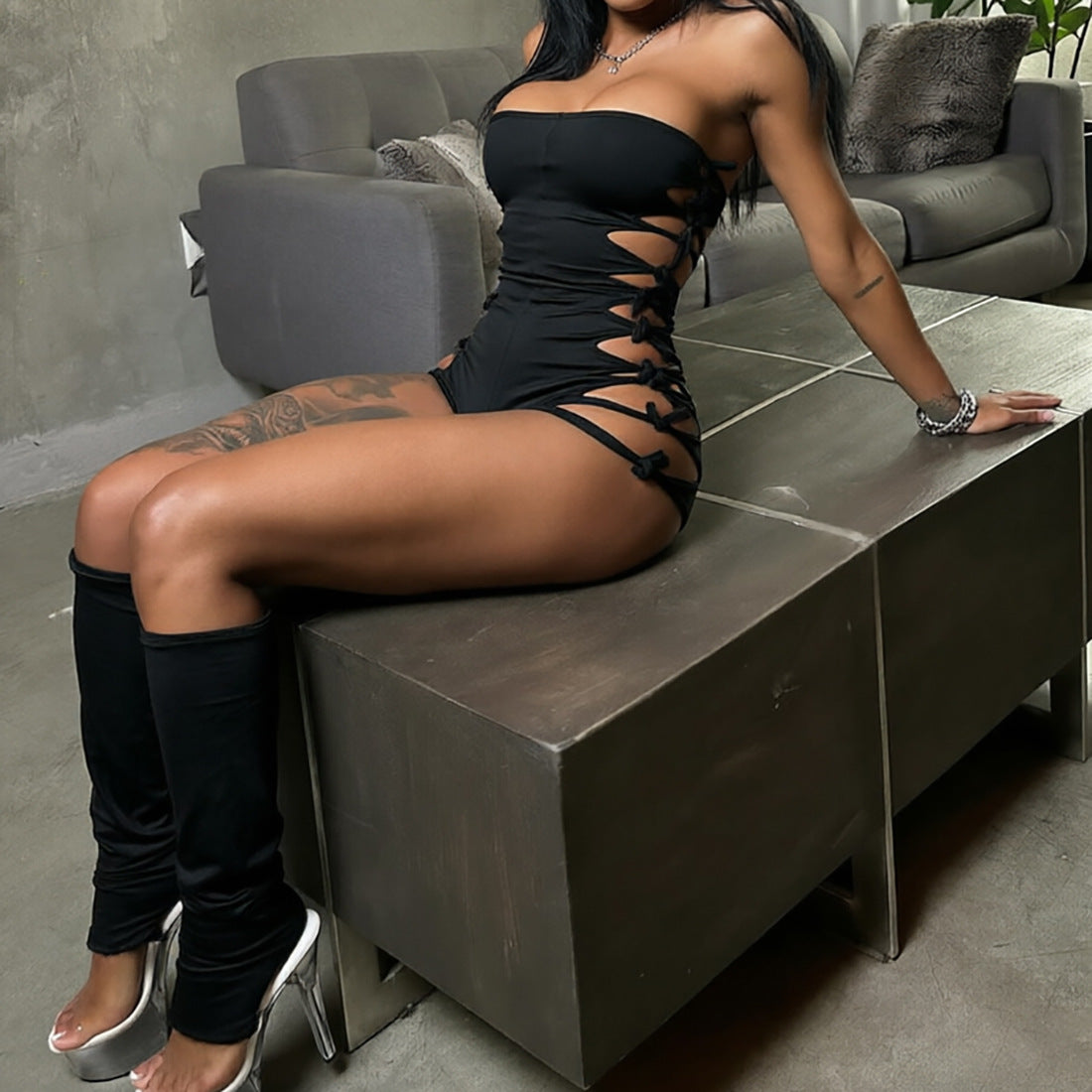 Sultry Strapless Lace-Up Cutout Romper