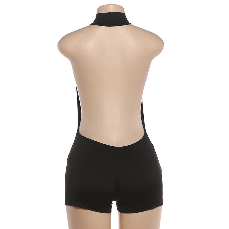 High-Neck Backless Mock Thong Romper