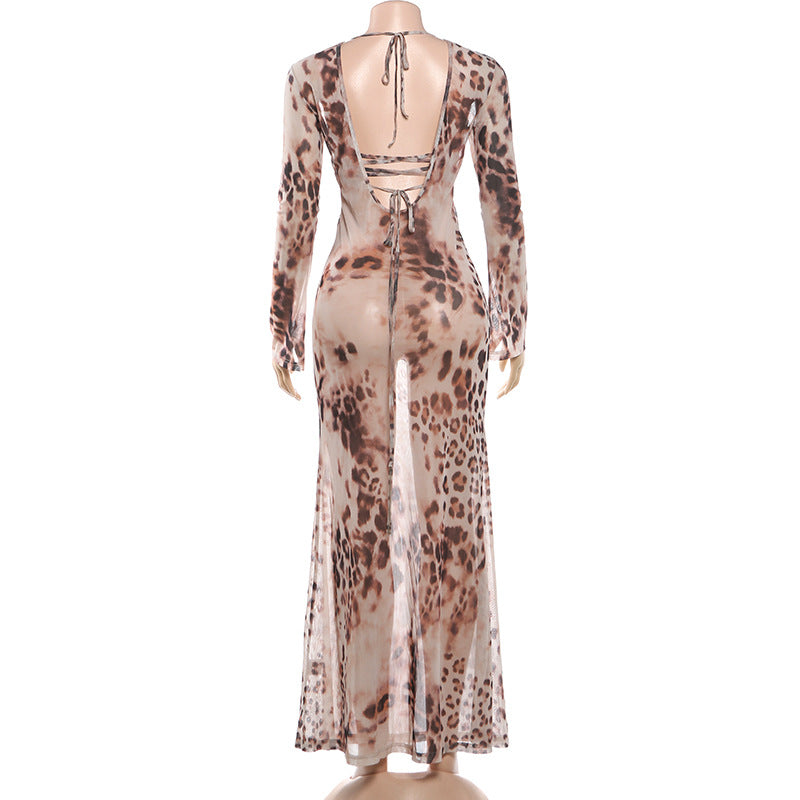 Sheer Mesh Leopard Print Open-Back Maxi Gown