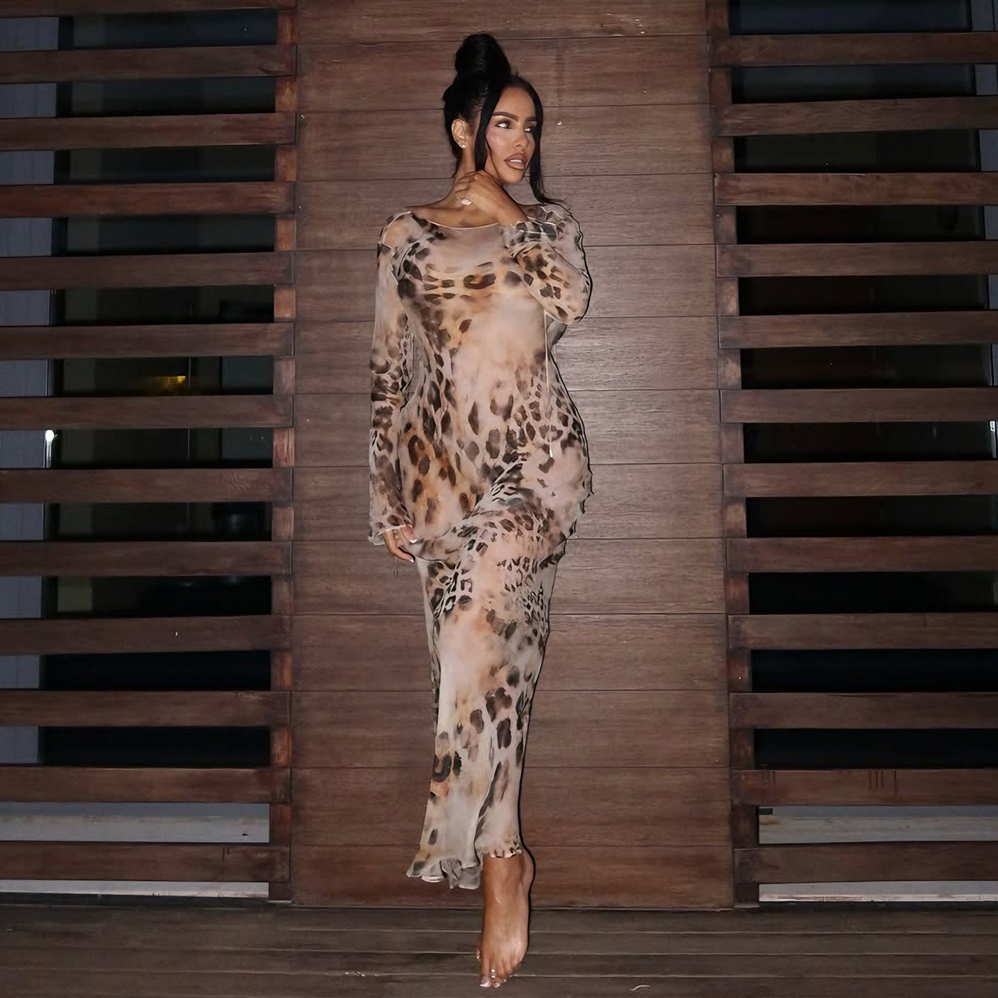 Sheer Mesh Leopard Print Open-Back Maxi Gown