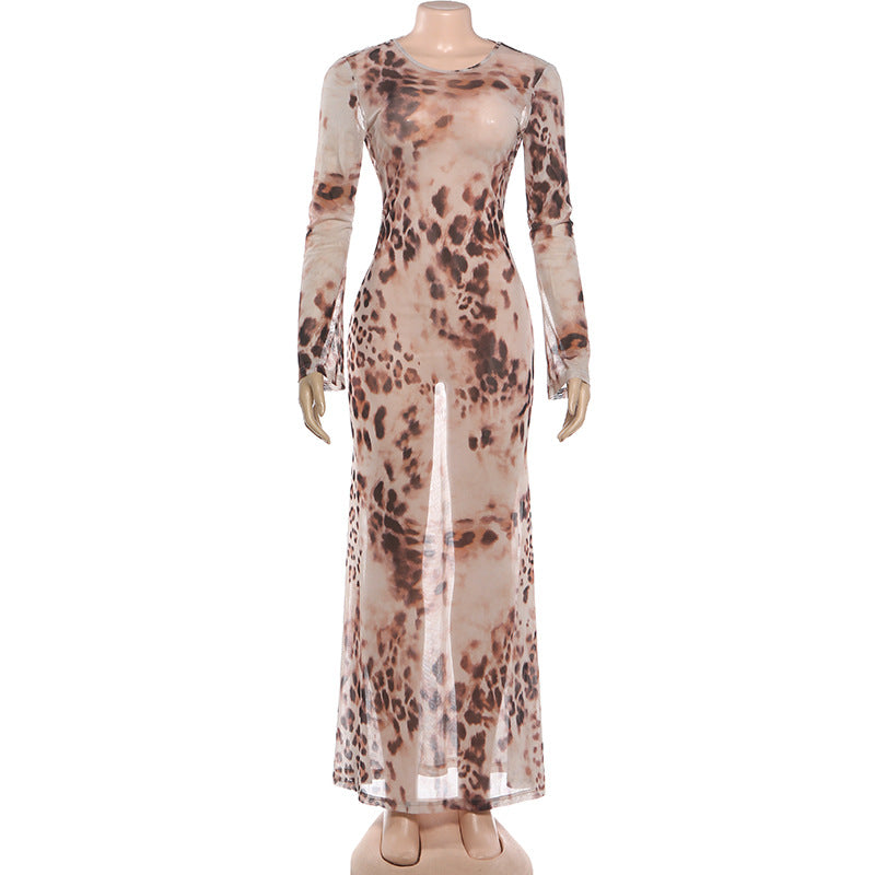 Sheer Mesh Leopard Print Open-Back Maxi Gown