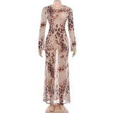Sheer Mesh Leopard Print Open-Back Maxi Gown