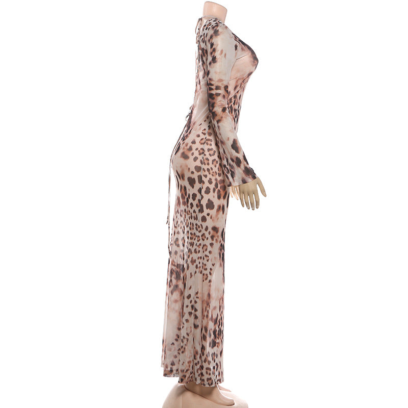 Sheer Mesh Leopard Print Open-Back Maxi Gown