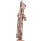 Sheer Mesh Leopard Print Open-Back Maxi Gown