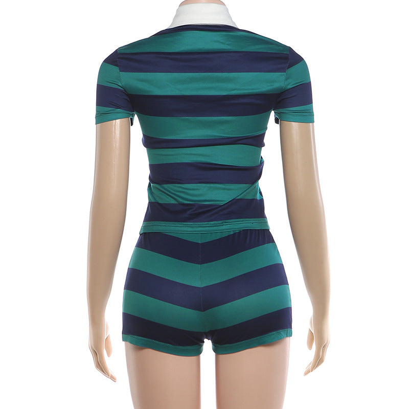 Striped Polo Collar Varsity Crop & Short Set