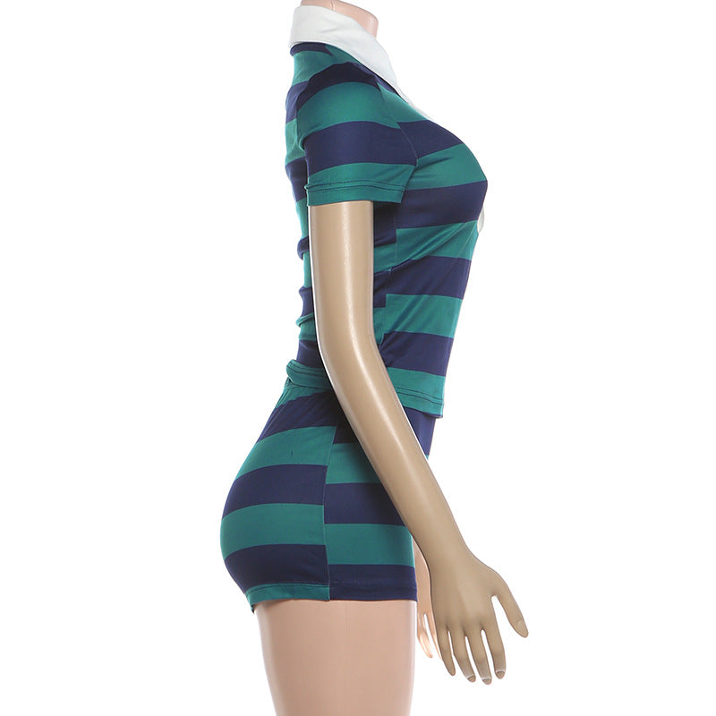 Striped Polo Collar Varsity Crop & Short Set