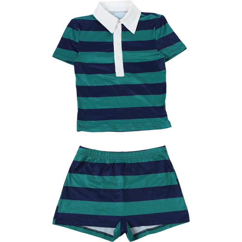 Striped Polo Collar Varsity Crop & Short Set