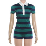 Striped Polo Collar Varsity Crop & Short Set