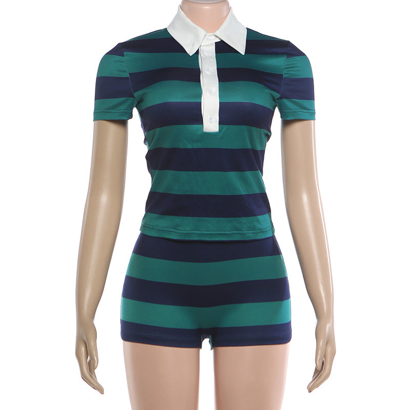 Striped Polo Collar Varsity Crop & Short Set
