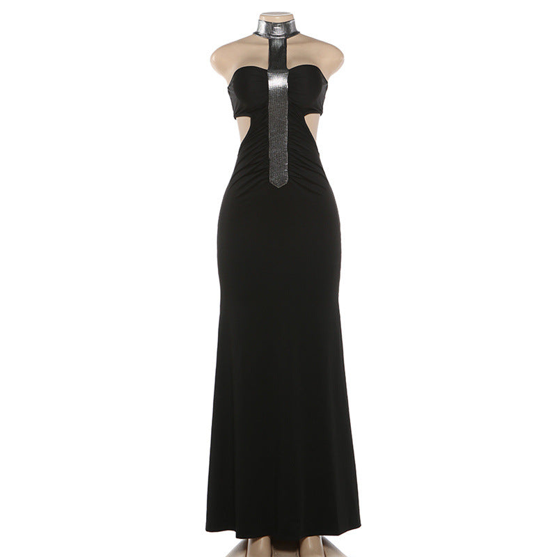 Metallic Mesh Tassel Cutout Evening Gown