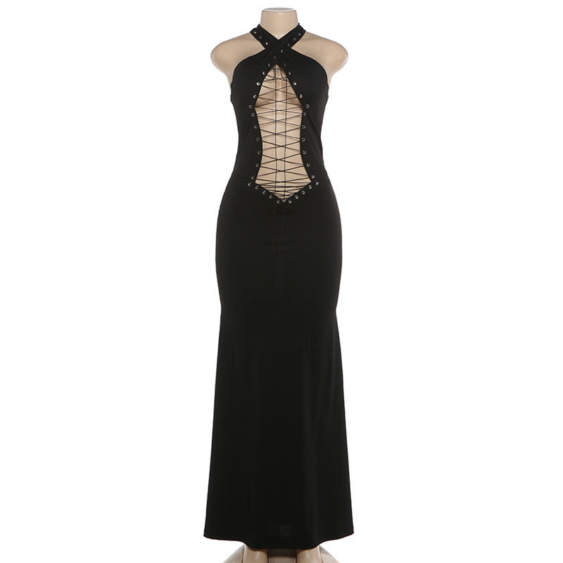 Gothic Crisscross Lace-Up Halter Maxi Dress