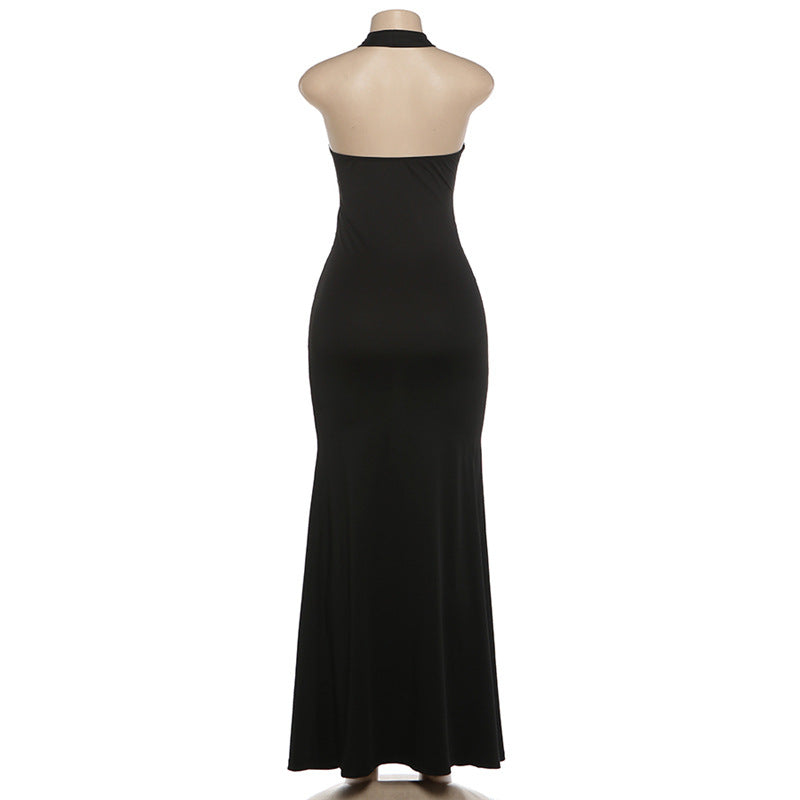 Gothic Crisscross Lace-Up Halter Maxi Dress