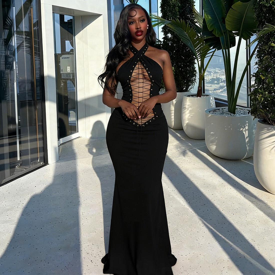 Gothic Crisscross Lace-Up Halter Maxi Dress