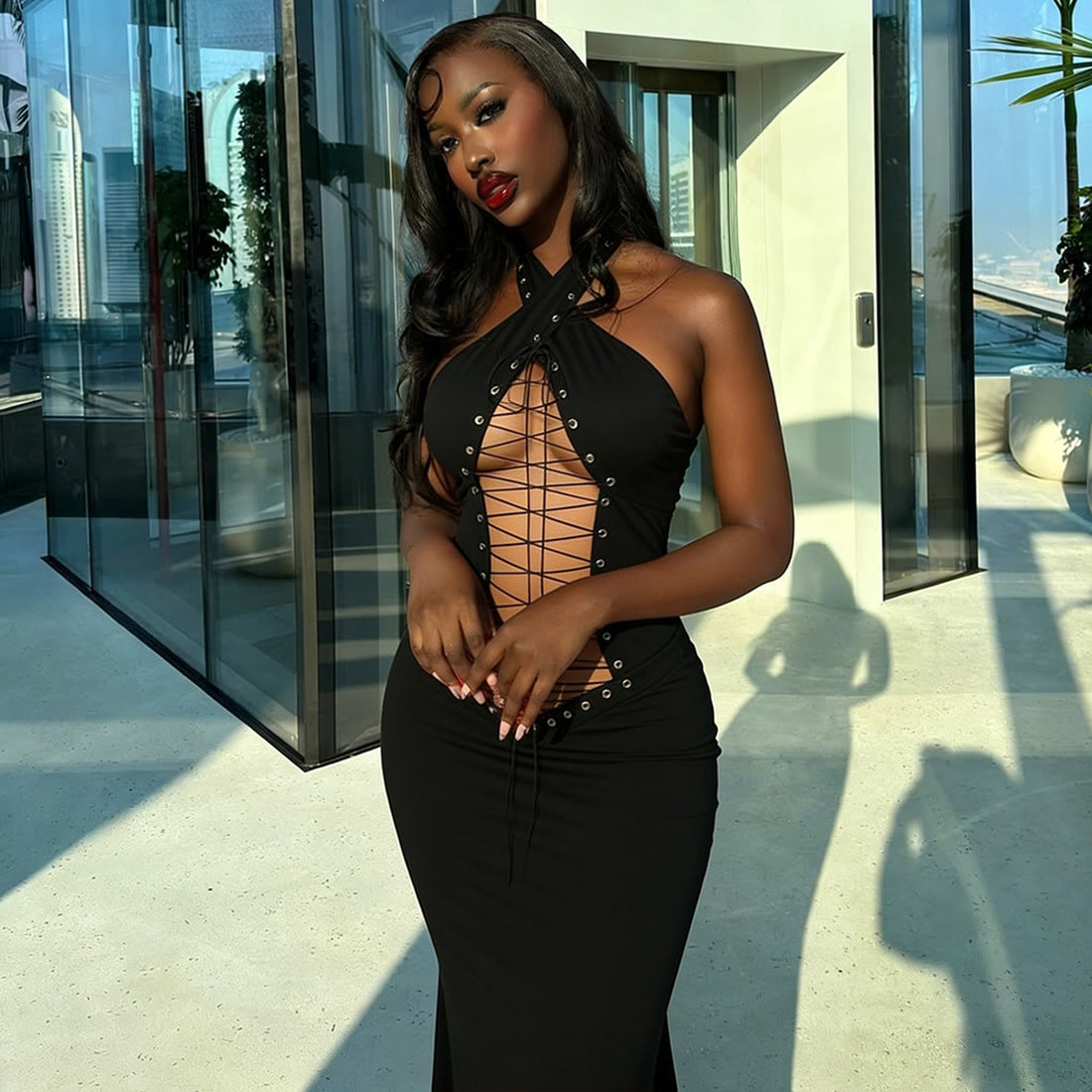 Gothic Crisscross Lace-Up Halter Maxi Dress
