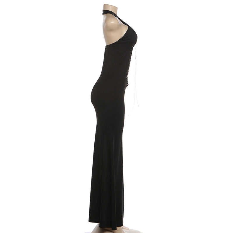 Gothic Crisscross Lace-Up Halter Maxi Dress