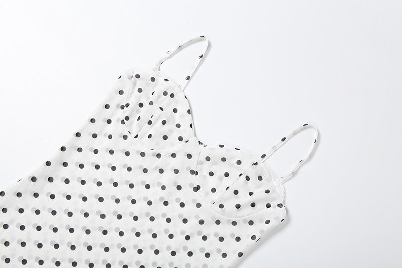 Vintage Polka Dot Lace-Trim Slip Midi Dress