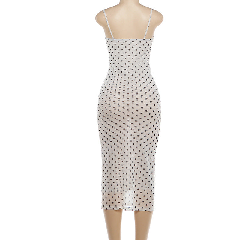 Vintage Polka Dot Lace-Trim Slip Midi Dress