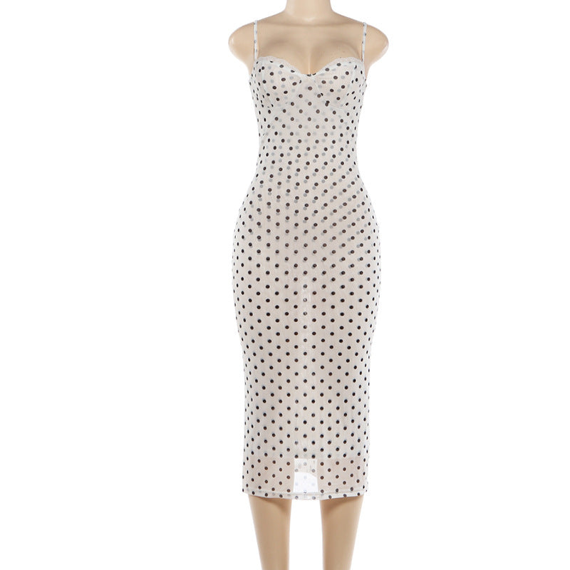 Vintage Polka Dot Lace-Trim Slip Midi Dress