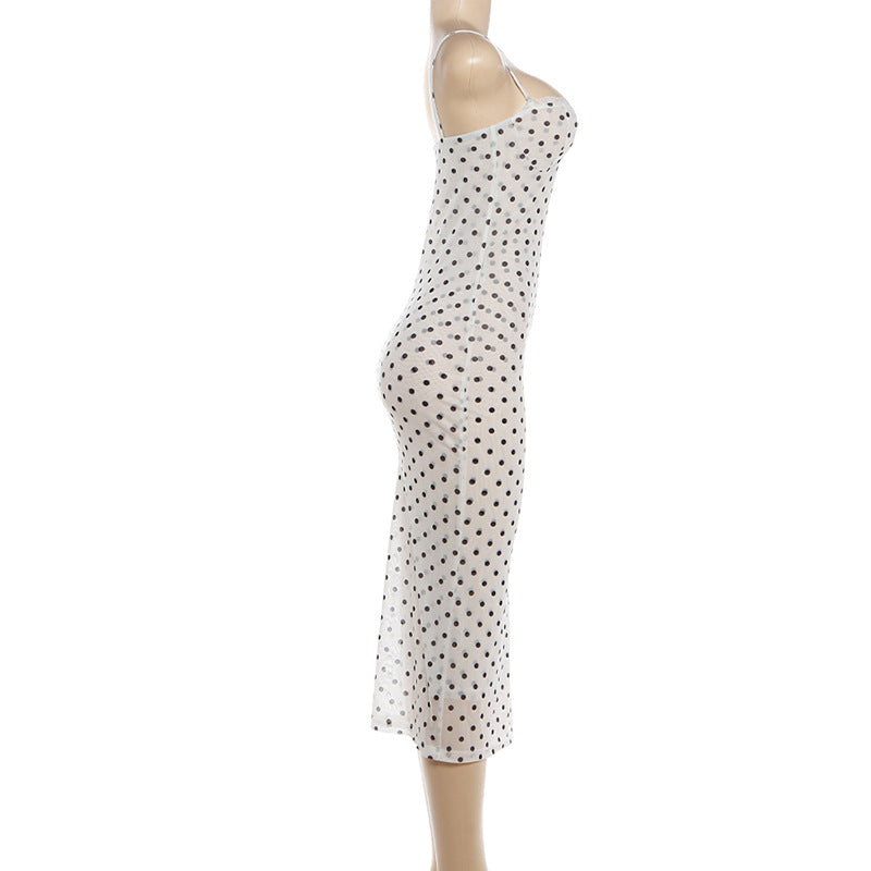 Vintage Polka Dot Lace-Trim Slip Midi Dress