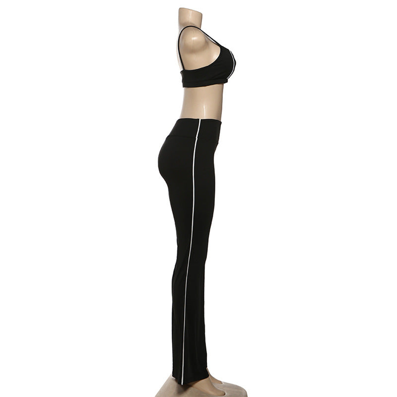 Sporty Contrast Trim Crop Top & Flare Pants Set