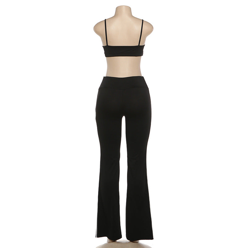 Sporty Contrast Trim Crop Top & Flare Pants Set