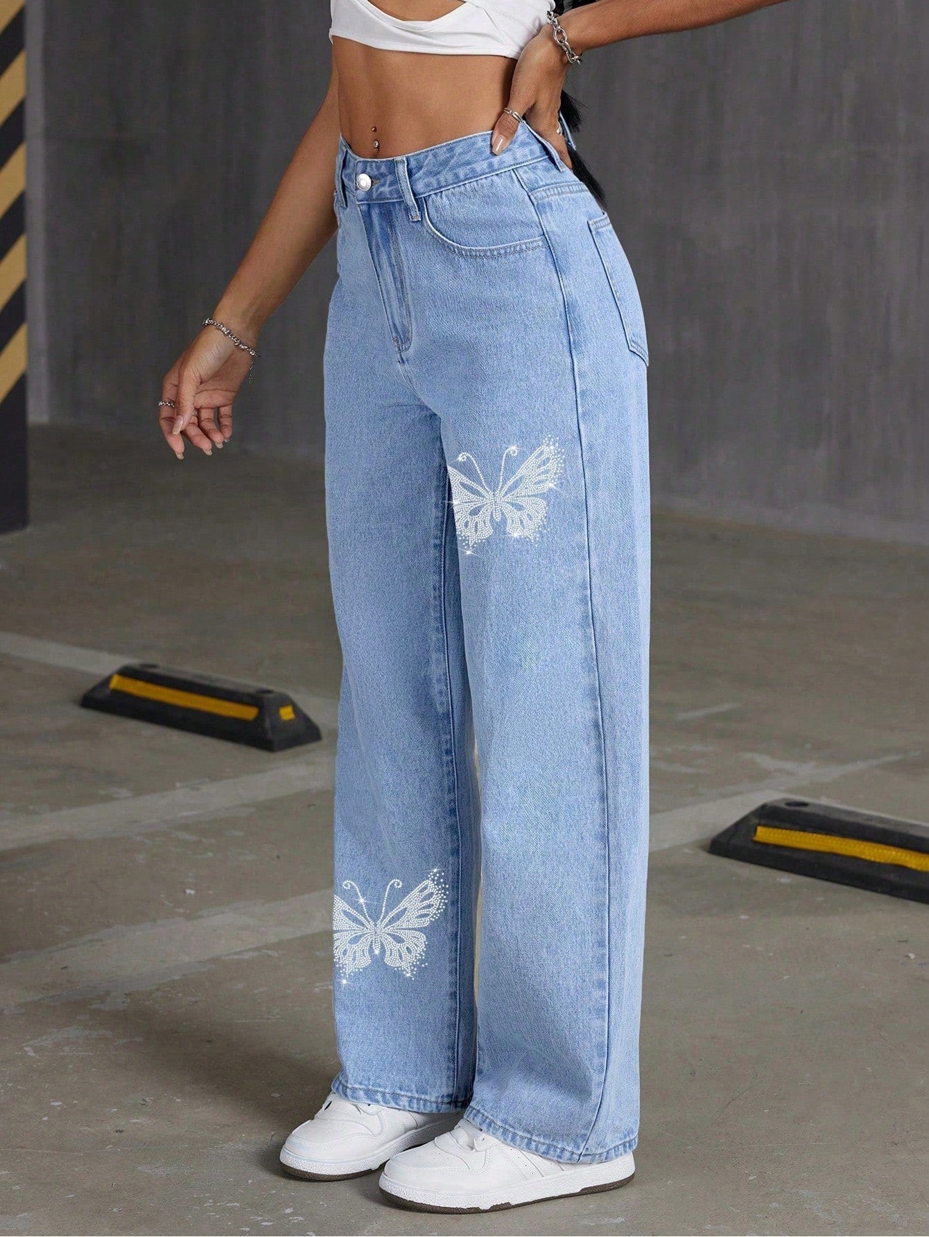 Rhinestone Butterfly Wide-Leg Jeans
