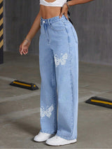 Rhinestone Butterfly Wide-Leg Jeans
