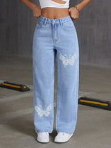 Rhinestone Butterfly Wide-Leg Jeans