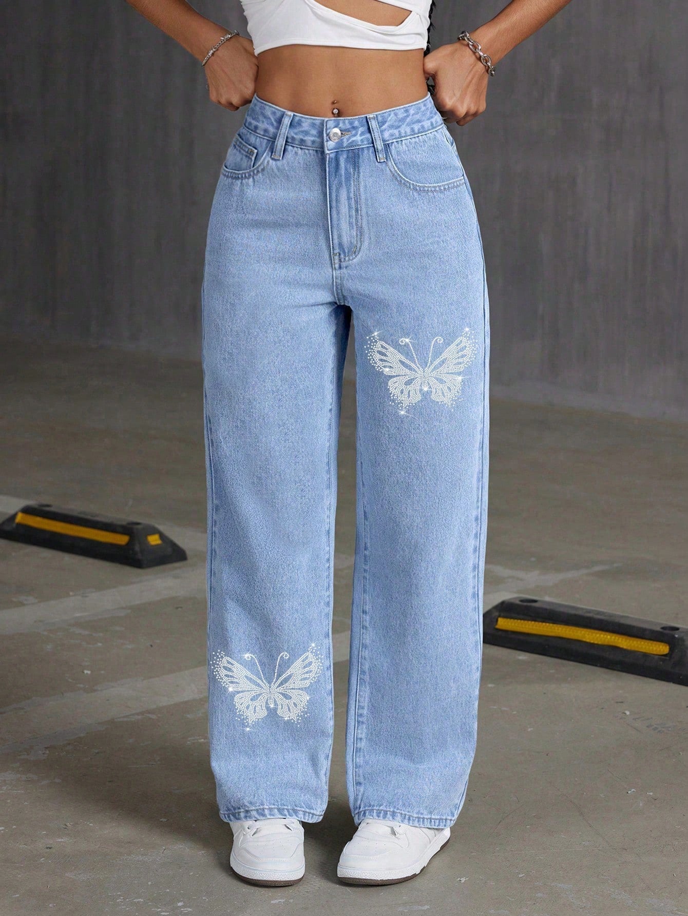 Rhinestone Butterfly Wide-Leg Jeans