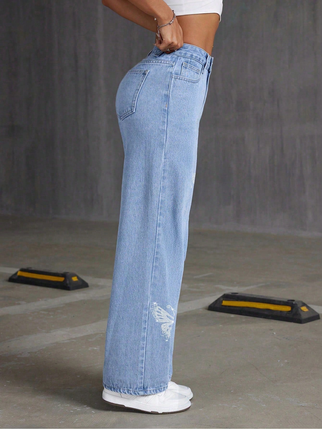 Rhinestone Butterfly Wide-Leg Jeans