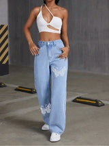 Rhinestone Butterfly Wide-Leg Jeans
