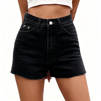 Classic High-Rise Frayed Black Denim Shorts