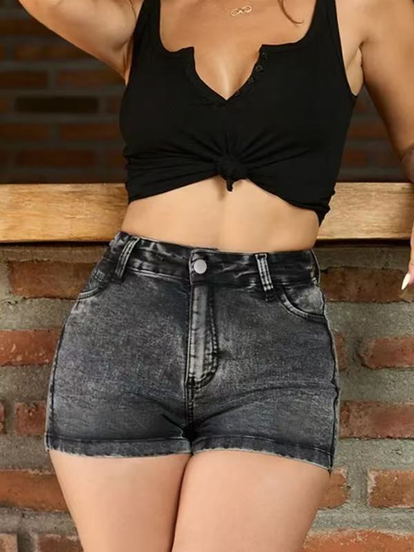 Acid Wash High-Rise Stretch Denim Shorts