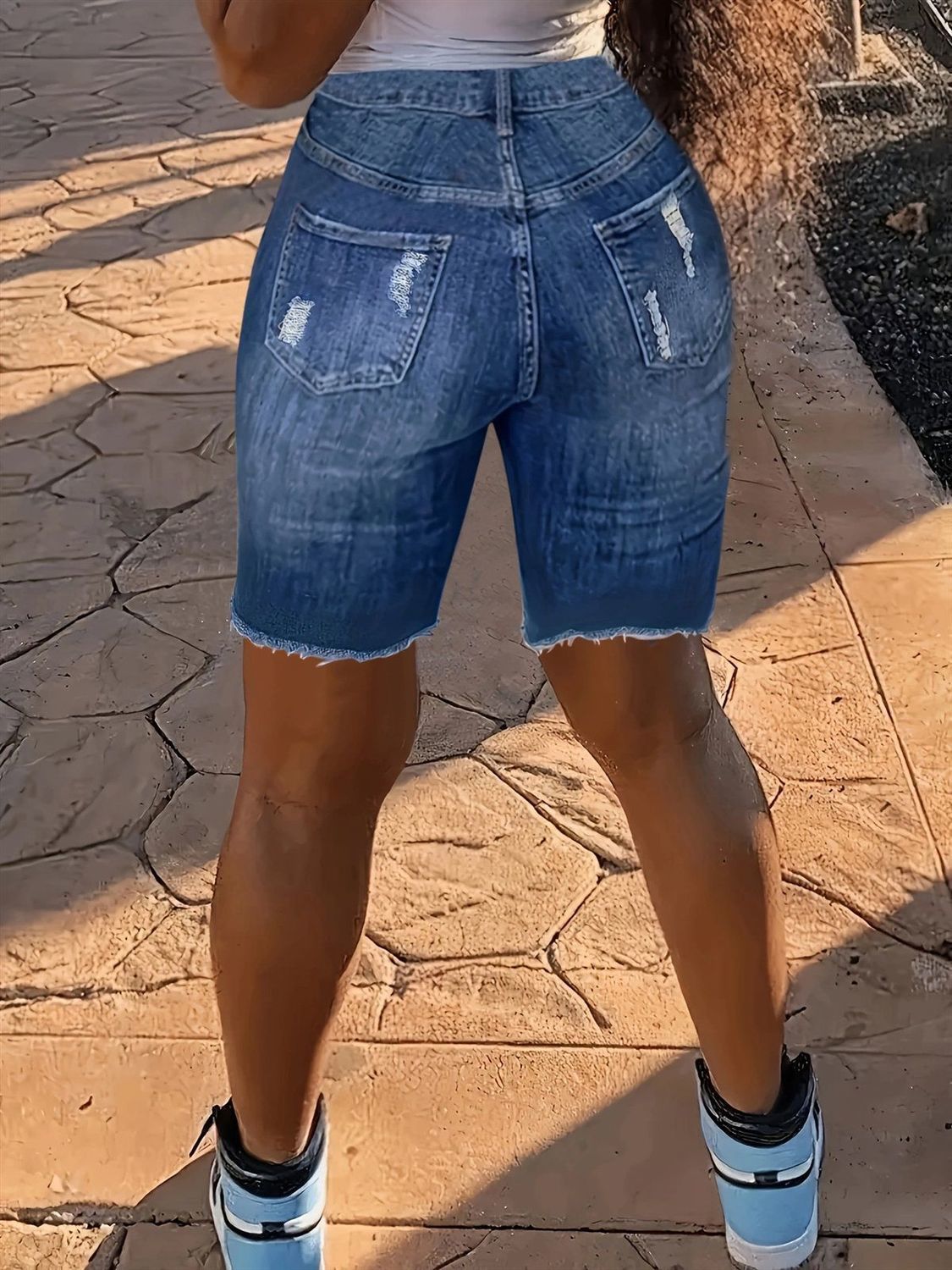 Frayed Longline Distressed Denim Bermuda