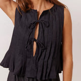 Pleated Sleeveless Tie-Front Linen Top
