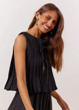 Pleated Sleeveless Tie-Front Linen Top