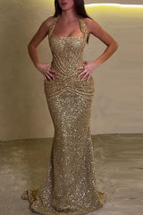 Liquid Gold Sequin Halter Evening Gown