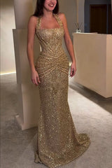 Liquid Gold Sequin Halter Evening Gown