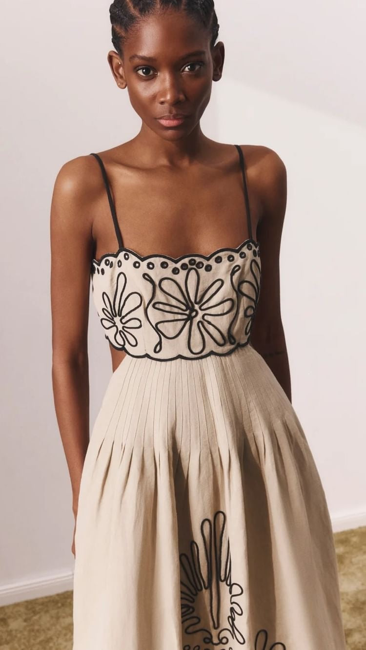 Floral Embroidered Pleated Linen Dress
