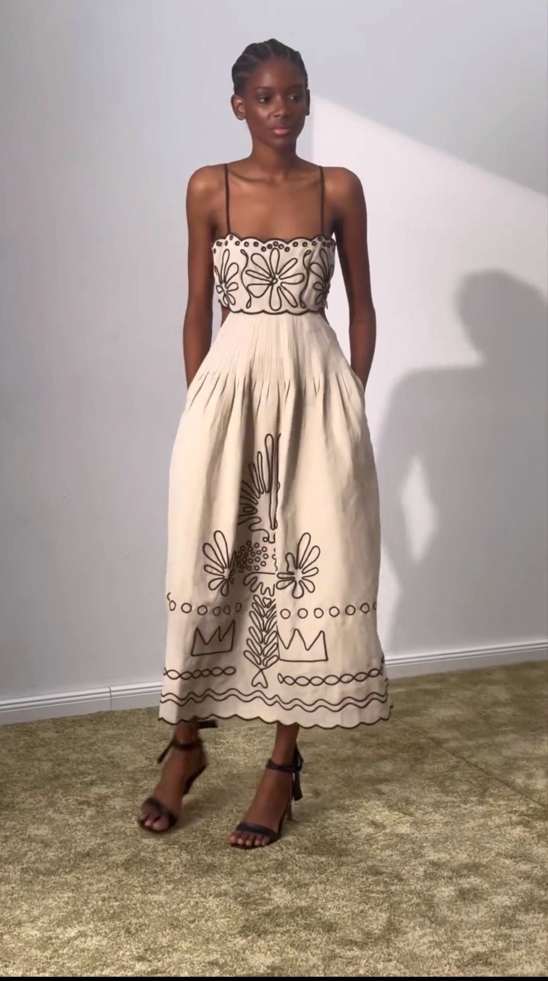 Floral Embroidered Pleated Linen Dress
